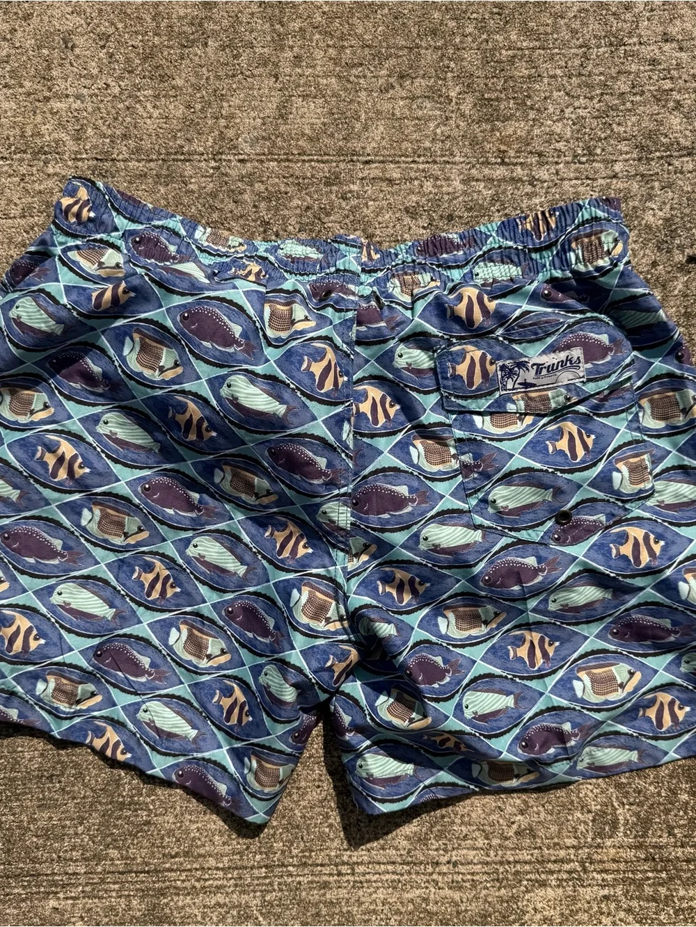Vintage 90s Trunks Men's Blue Fish-Print Swim Trunks